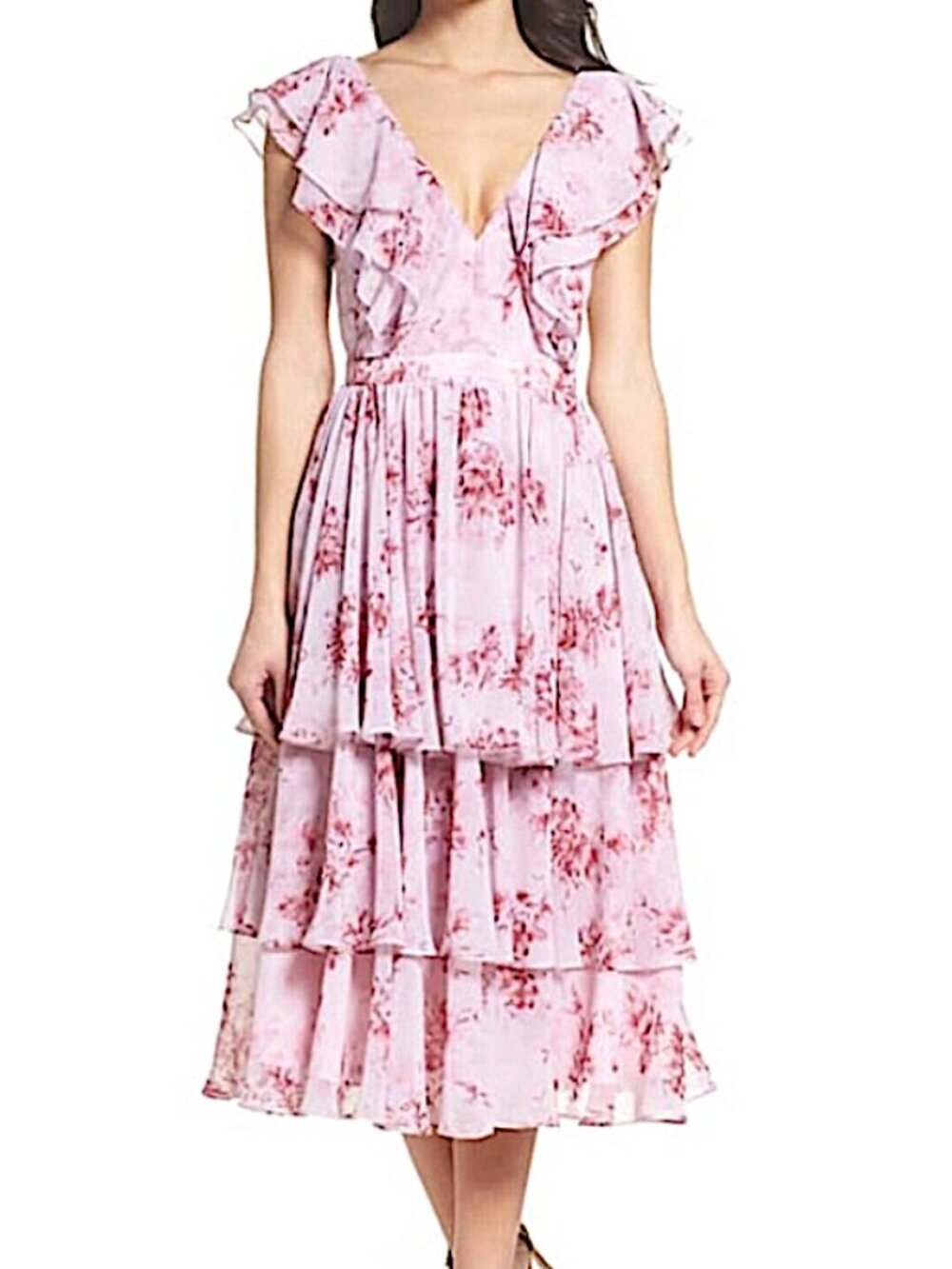 FAME AND PARTNERS Delaney Pink Floral Ruffled Tiered Chiffon Midi Dress